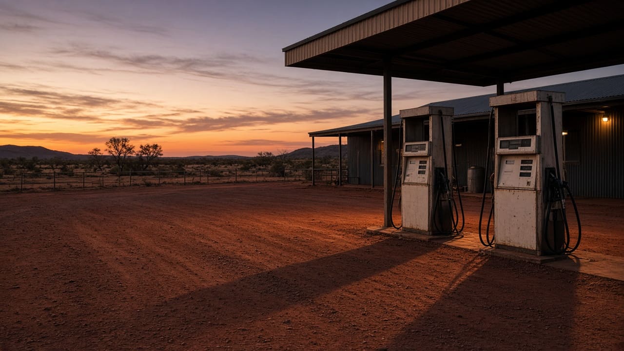 Quiet remote fuel bowsers at dusk on red earth with no prices visible