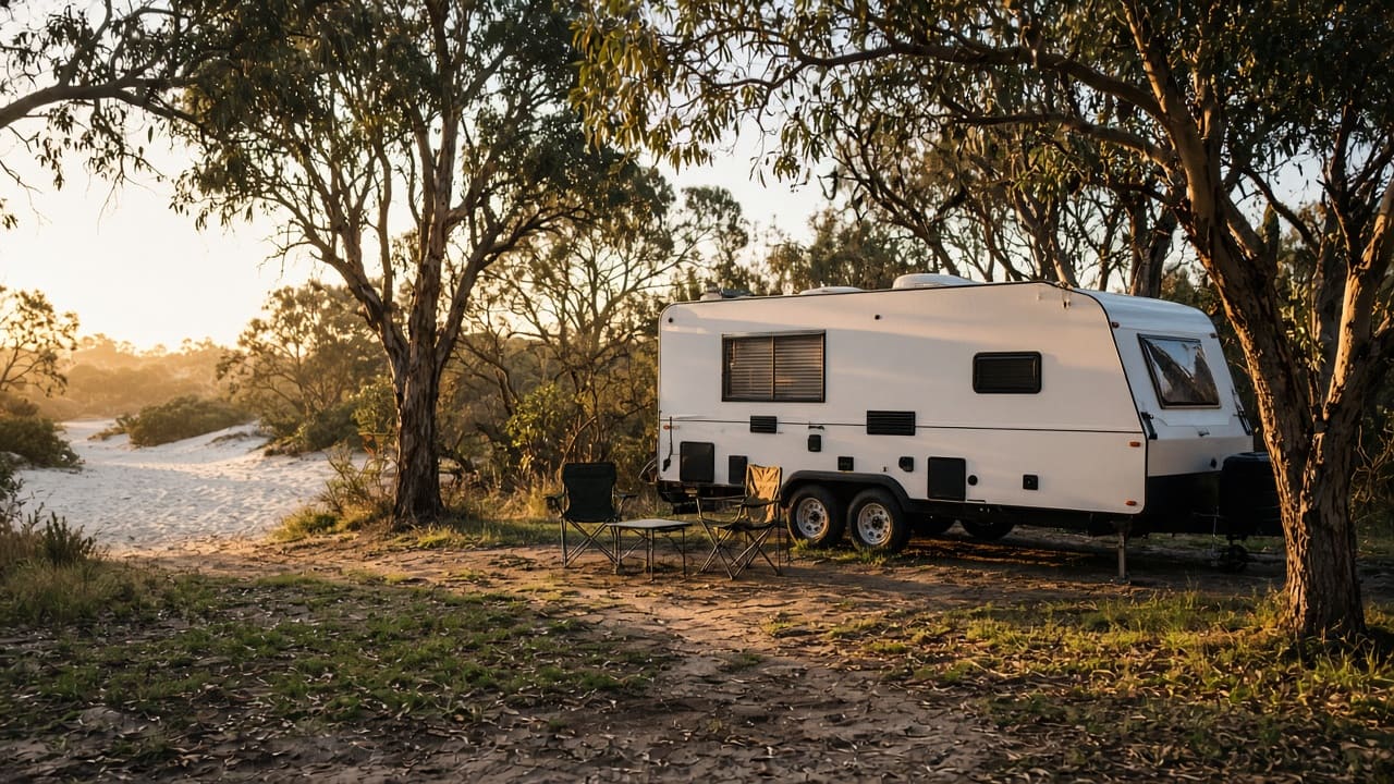 White caravan parked at a quiet eucalyptus campsite in late light