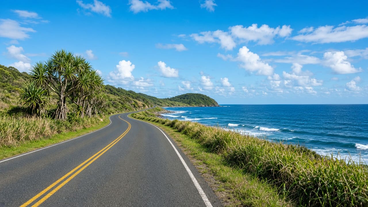 Coastal headland and ocean under a bright Australian sky beside a quiet shore