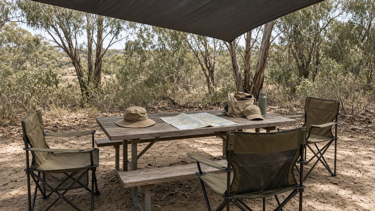 Empty picnic table and camping chairs under eucalyptus shade at a roadside rest area