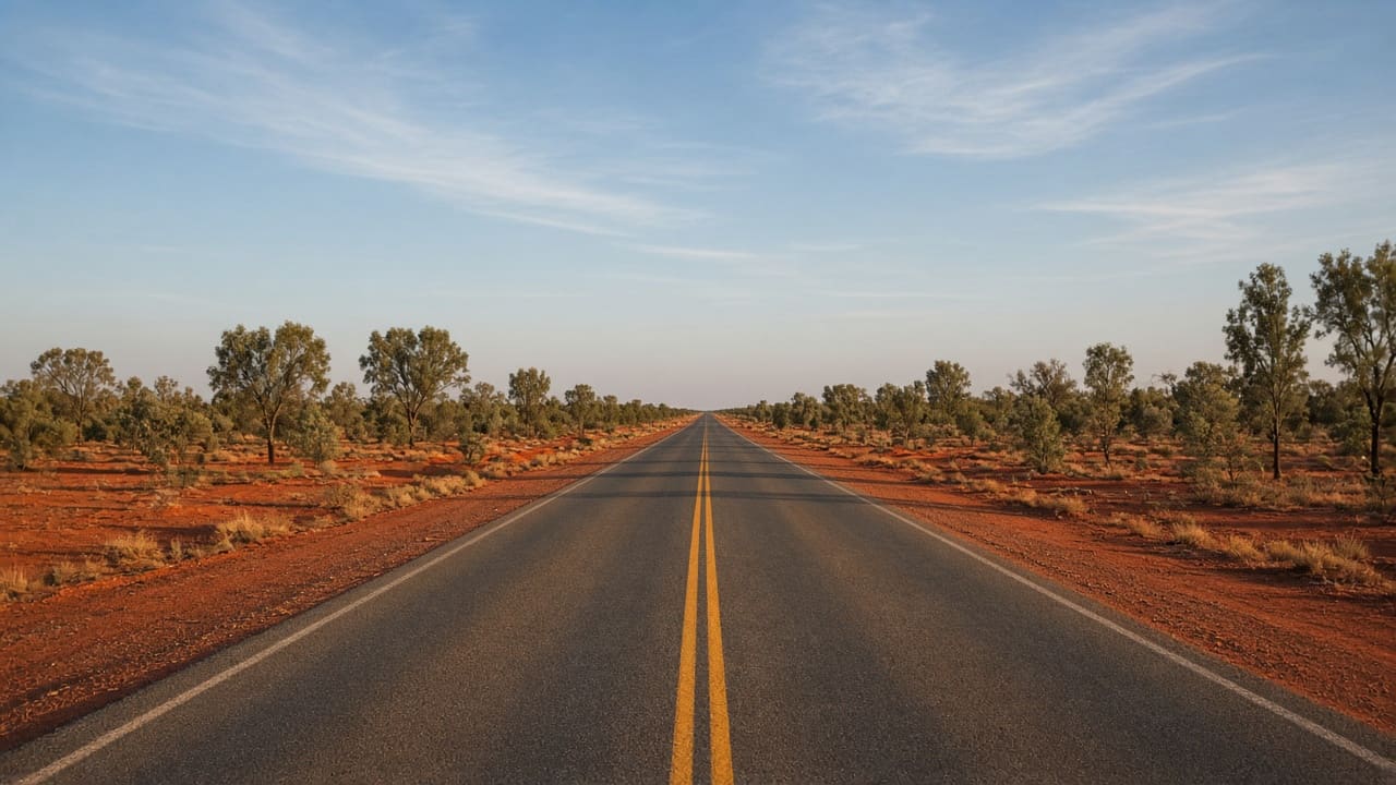 Empty sealed highway crossing red Australian earth toward a wide pale sky