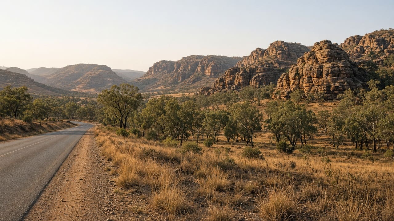 Dry grassland and sandstone inland ranges beside a quiet sealed road