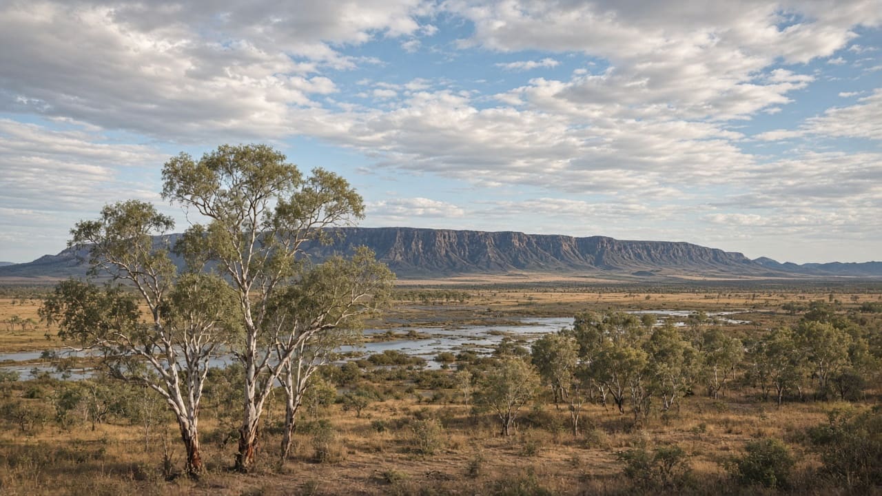 Tropical northern Australian escarpment and floodplain under a wide sky